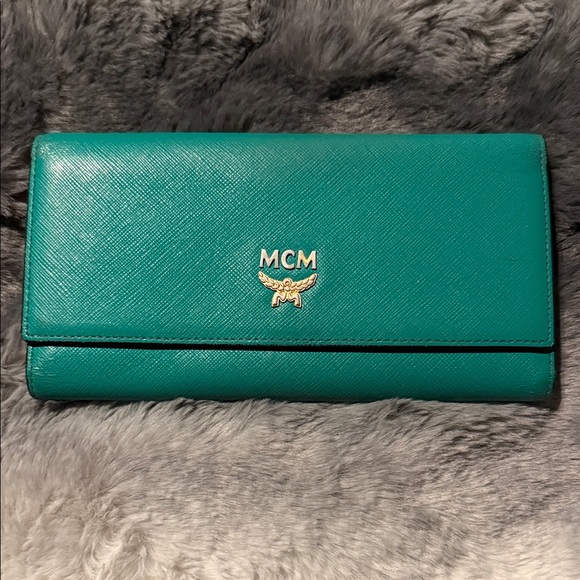 MCM Green Leather Wallet with Gold Logo